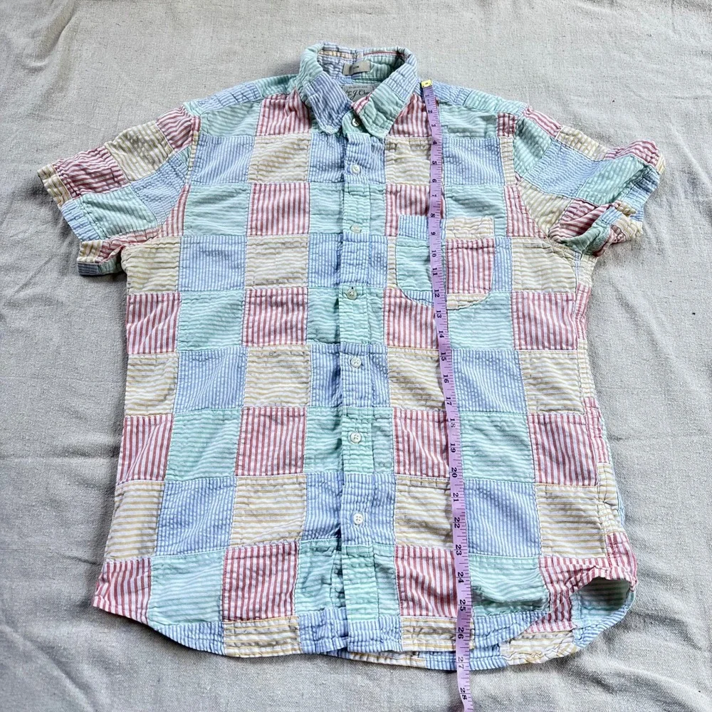 J.Crew Mens Slim Fit Seersucker Patchwork Shirt Multi Color Striped Org Cotton
